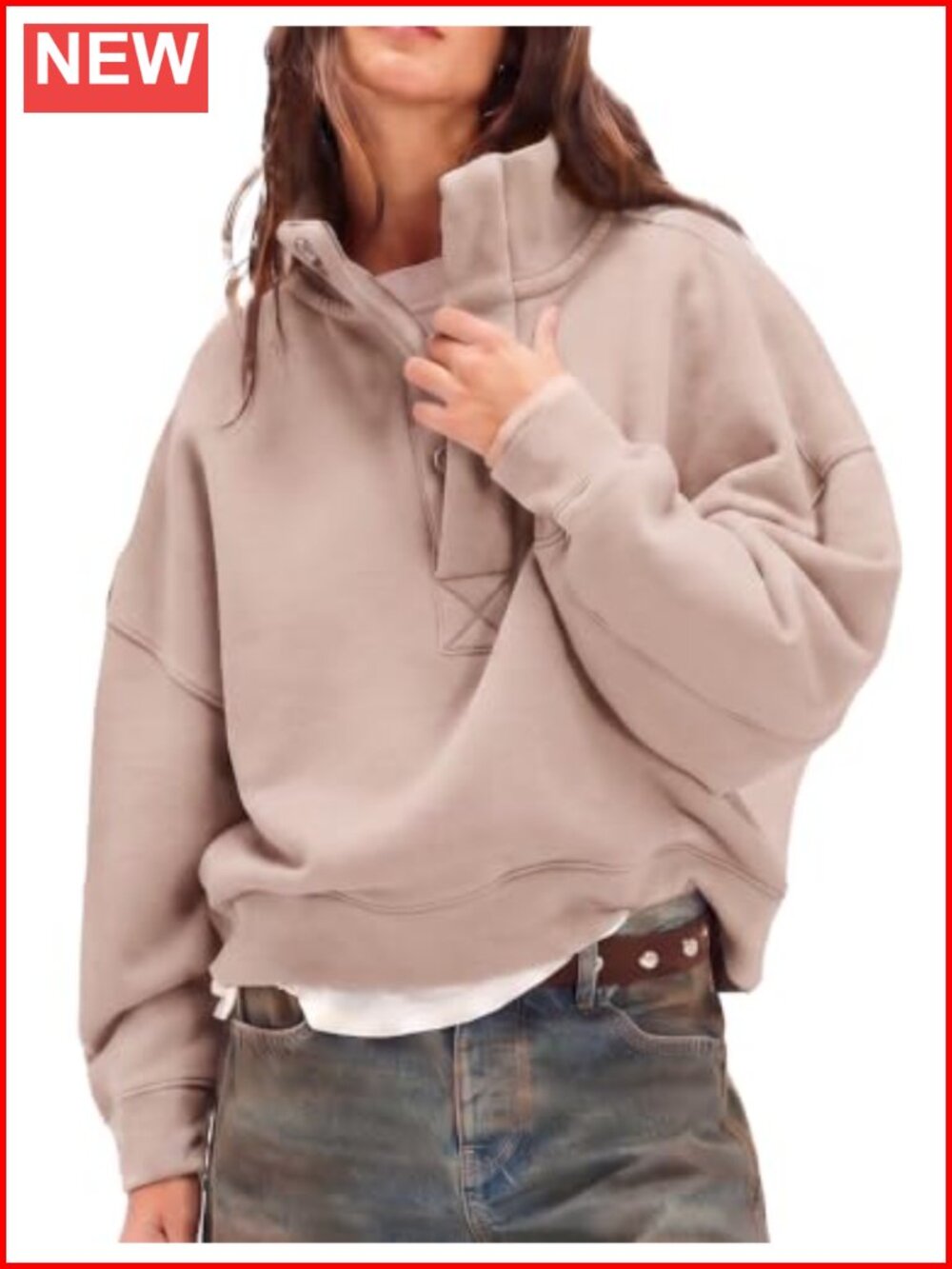 Oversized Womens Sweatshirt Henley Neck Funnel Pullover Top